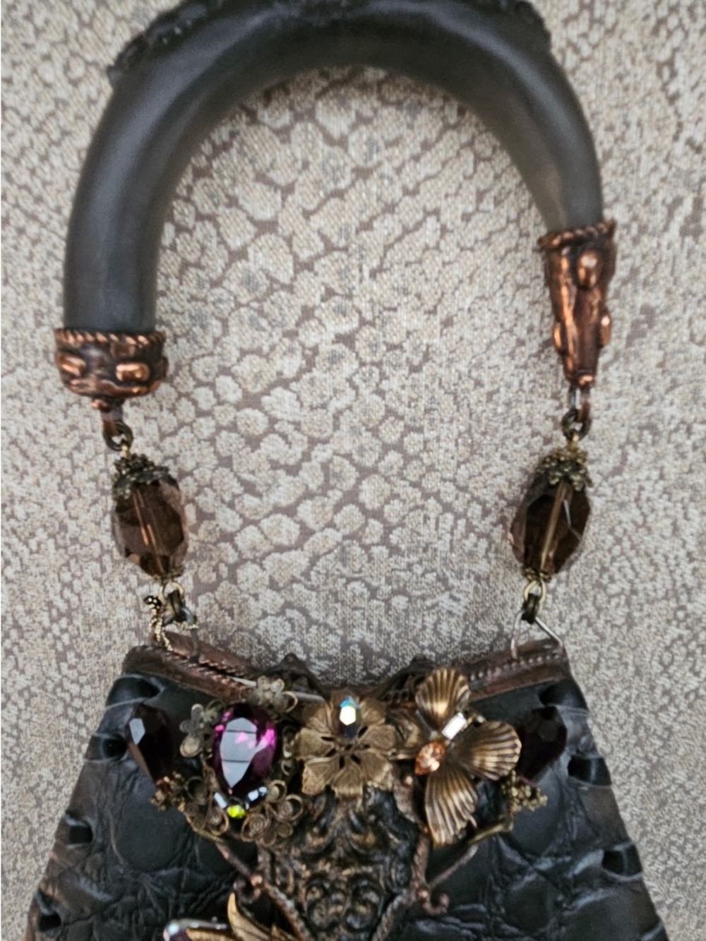 Maya Black Croc-Texture Mini Top-Handle Bag with Antique Gold Accents - Picture 2 of 3